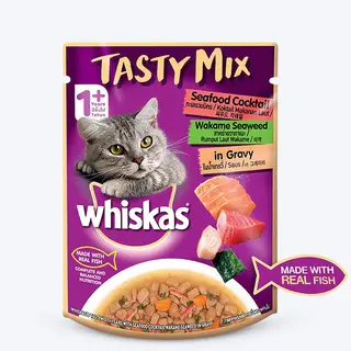 Whiskas Adult (1+ year) Tasty Mix Wet Cat Food, with Seafood Cocktail Wakame seaweed in Gravy - 70 g