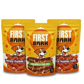 First Bark Jerky Dog Treats Combo - Chicken & Cod Roll x 1 & Training Cubes x pack of 3
