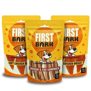 First Bark Jerky Dog Treats Combo - Chicken & Cod Sandwich x 1 & Soft Chicken Breast pack 3