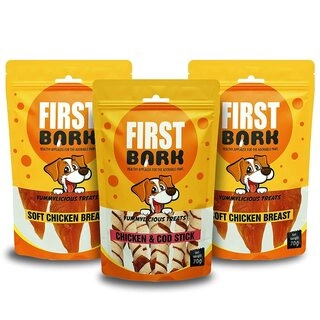 First Bark Jerky Dog Treats Combo - Chicken & Cod Sandwich x 1 & Soft Chicken Breast pack 3