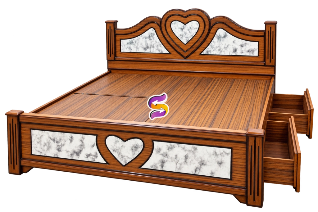 6 Feet Wooden Cot With Box Heart Model