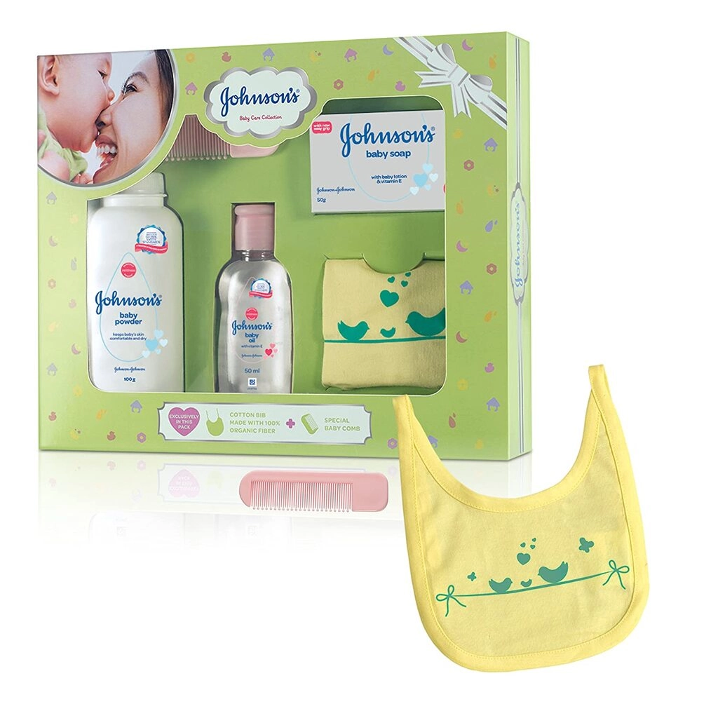 Johnsons Baby Care Collection Baby Gift Set with Organic Cotton Bib & Baby Comb