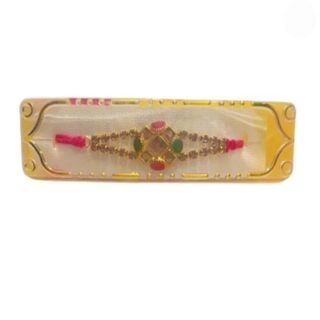 Golden Gol red green Rakhi with Golden Beads & Red Thread