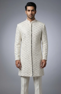 Ivory Raw Silk Sherwani with Silver Thread Work and Mirror Embellishments