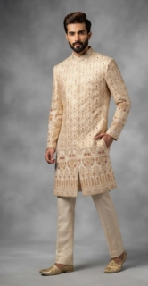 Ivory Sherwani featuring all-over Zardozi and Dori work
