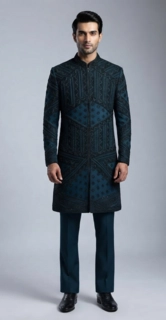 Teal Blue Velvet sherwani