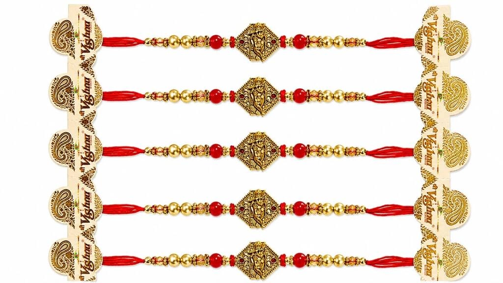 Red Gold Traditional Beaded Rakhi (5 pieces)