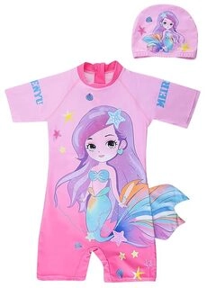 Boys Swimsuit Set, 0112 Poly Spandex Multipurpose Wear for Swimming | Diving |Cycling |Aerobics Girls Half Sleeve 1 Piece Swimming Costume for Girls - Pink