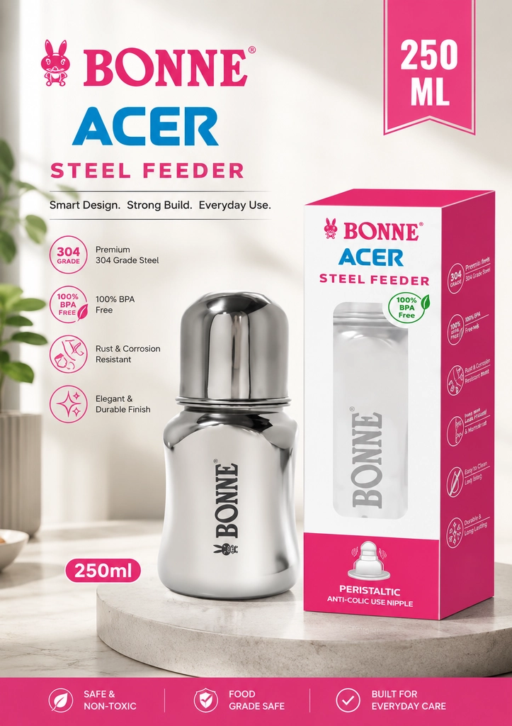 BONNE ACER STEEL FEEDER LSR PERISTALTIC AVDANCE ANTI COLIC NIPPLE 250 ML