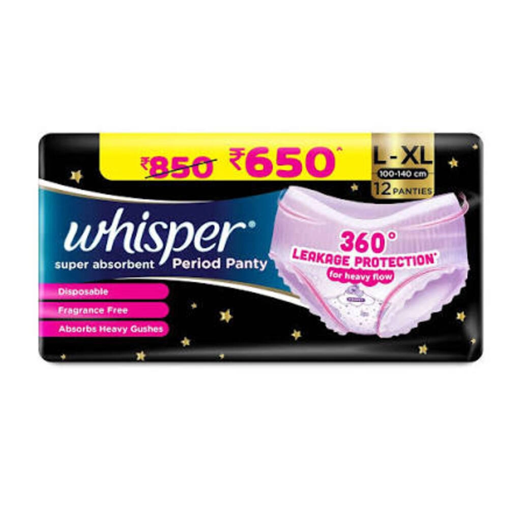 WHISPER PERIOD PANTY SUPER ABSORBENT 360 LEAKAGE PROTETTION L-XL 100-140 CM 12 PANTIES