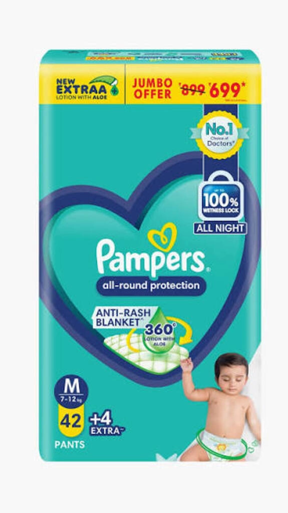 PAMPERS ALL ROUND PROTECTION ALL NIGHT 7-12 KG SIZE - M 42 PANTS + 4 EXTRA
