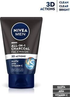 NIVEA MEN ALL IN 1 CHARCOAL FACEWASH 3D ACTION GLUTA AHA VITAMIN C 50 G