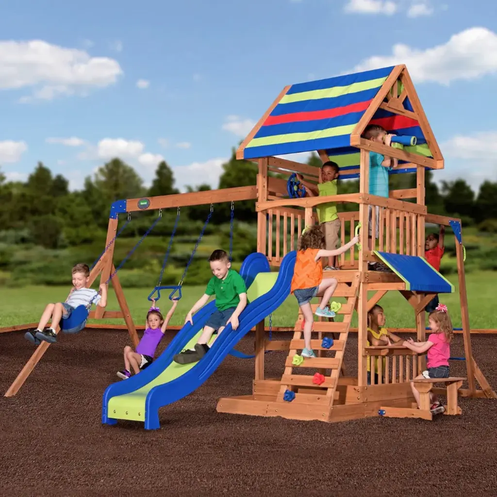 Backyard Discovery Northbrook Wooden Swing Set, Play Tower with Slide for 3-10 Years
