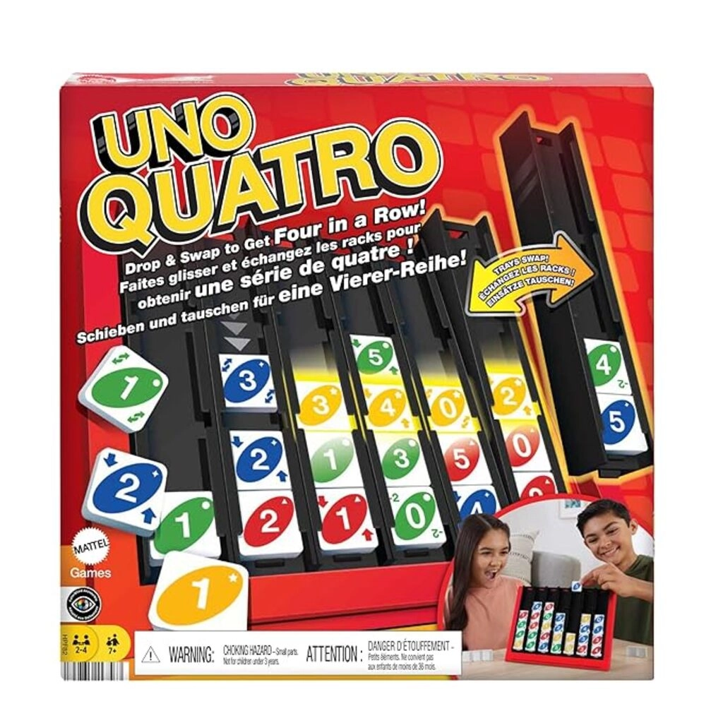 UNO Quatro Game with Colored Tiles & Plastic Grid for Adult, Family & Parties, 2 to 4 Players Ages 7 Years Old & Up