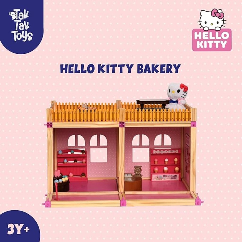 Hello Kitty Bakery Playset, Build & Play Wooden Bakery Doll House with Accessories, Display Rack, Desserts & Hello Kitty Figure, Pretend Play Set for Kids, Ideal Gift for Girls, Ages 3+
