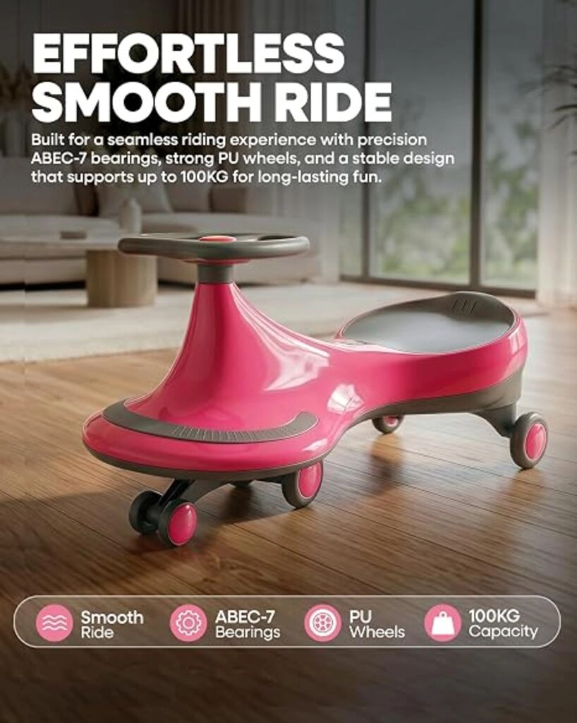 Tygatec Swing Car Ride-On Toy for Kids | Self Propelled Wiggle Car | No Battery Required | Smooth Steering | Indoor Outdoor Toy Car Pink Color, Premium Swing