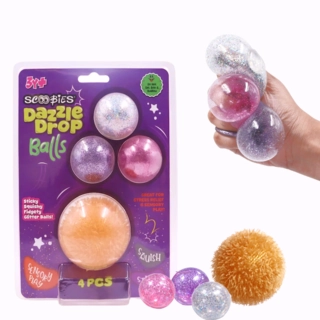 Dazzle Drop Balls 3 Glitter Squishy + 1 Fuzzy Spiky Sensory Ball (Set of 4)| (Holographic, Pink, Silver & Gold) Stress Relief & Sensory Play | Sticky, Squishy & Sparkly Fun for Kids & Adults