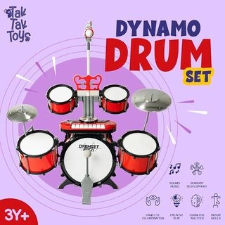 Dynamo Drumset | Kids Drum Set with Mic, Phone Holder & Drum Throne | Musical Toy for Creativity, Rhythm Training, Hand-Eye Coordination | Boys & Girls Age 3+