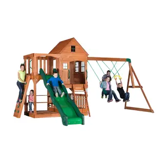 Backyard Discovery Hillcrest Wooden Swing Set & Play Tower for 2-10 years, Ideal for Large Residences, Farms, Playareas, Schools, Hotels