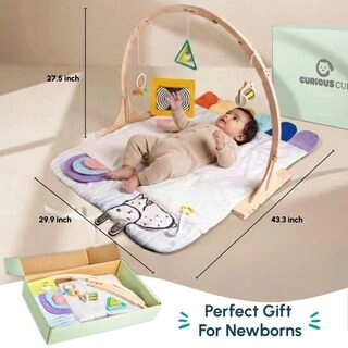 Baby Play Gym-Playmat, Newborn Baby Toy Gift, Baby Activity Gym, Wooden Playgym for Babies, 3 Wooden Baby Mobile Rattles, Sensory Mat, Wooden Play Gym, Hanging Toys, Baby Mirror