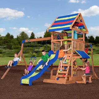 Backyard Discovery Northbrook Wooden Swing Set, Play Tower with Slide for 3-10 Years