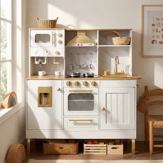 Luxury Wooden Play Kitchen Set with Running Water Sink, Coffee Machine & Oven – White & Gold Pretend Play Kitchen