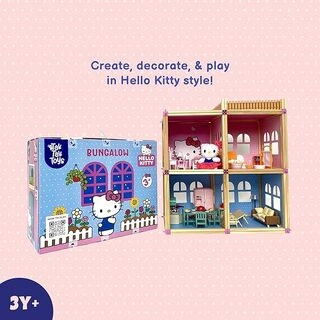 Hello Kitty Bungalow Doll House Playset – 2 Storey Wooden Toy House with Furniture Sets, Stickers & Easy Assembly for Kids, Pretend Play Set for Kids, for Ages 3+