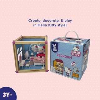 Hello Kitty Bedroom Playset, Build & Play Wooden Bedroom Doll House with Accessories, Pretend Play Set for Kids, for Ages 3+