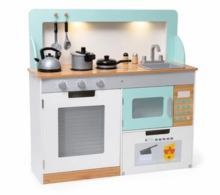 Wooden kitchen set with pots and pan