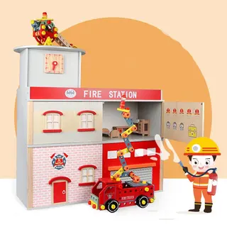 Wooden pretend play fire station playset 3+ years