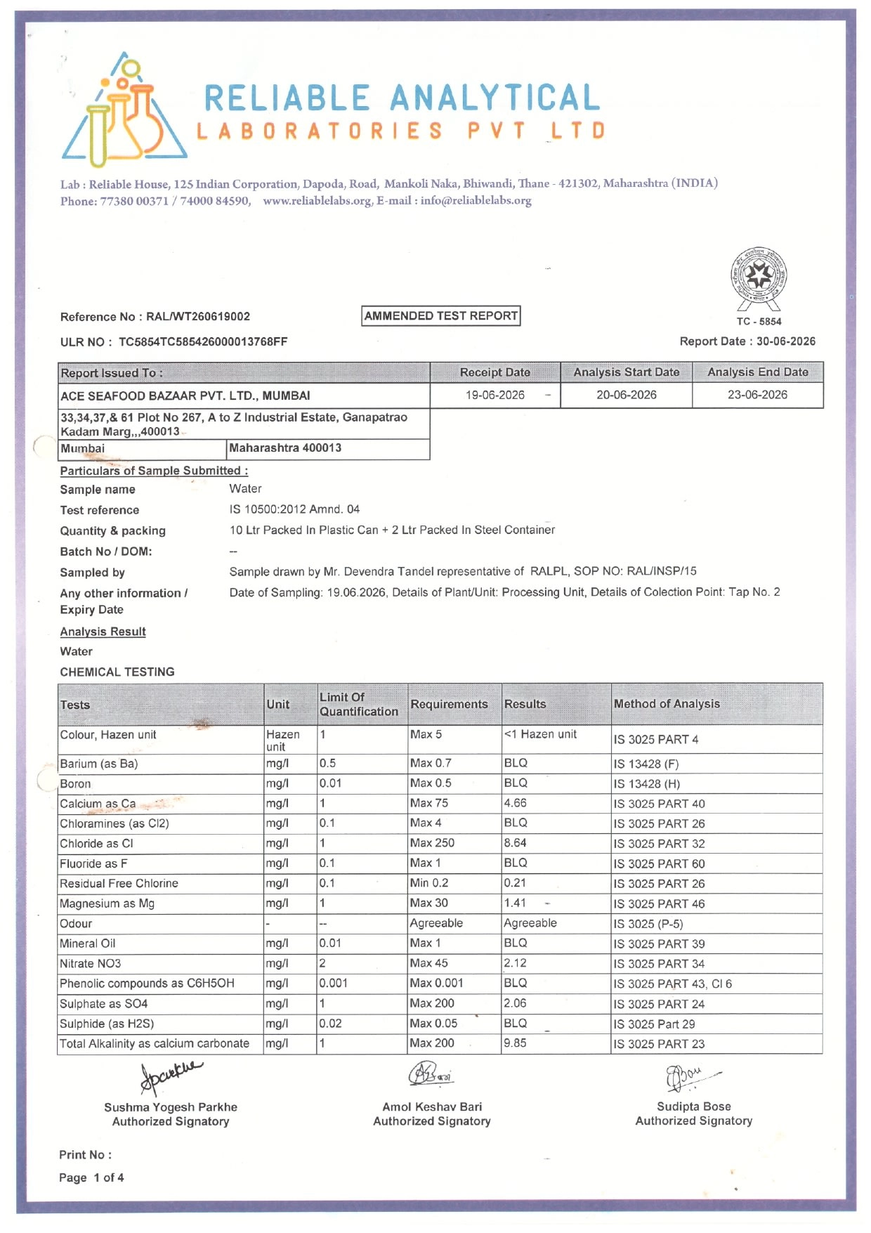 Water Test Report page 1