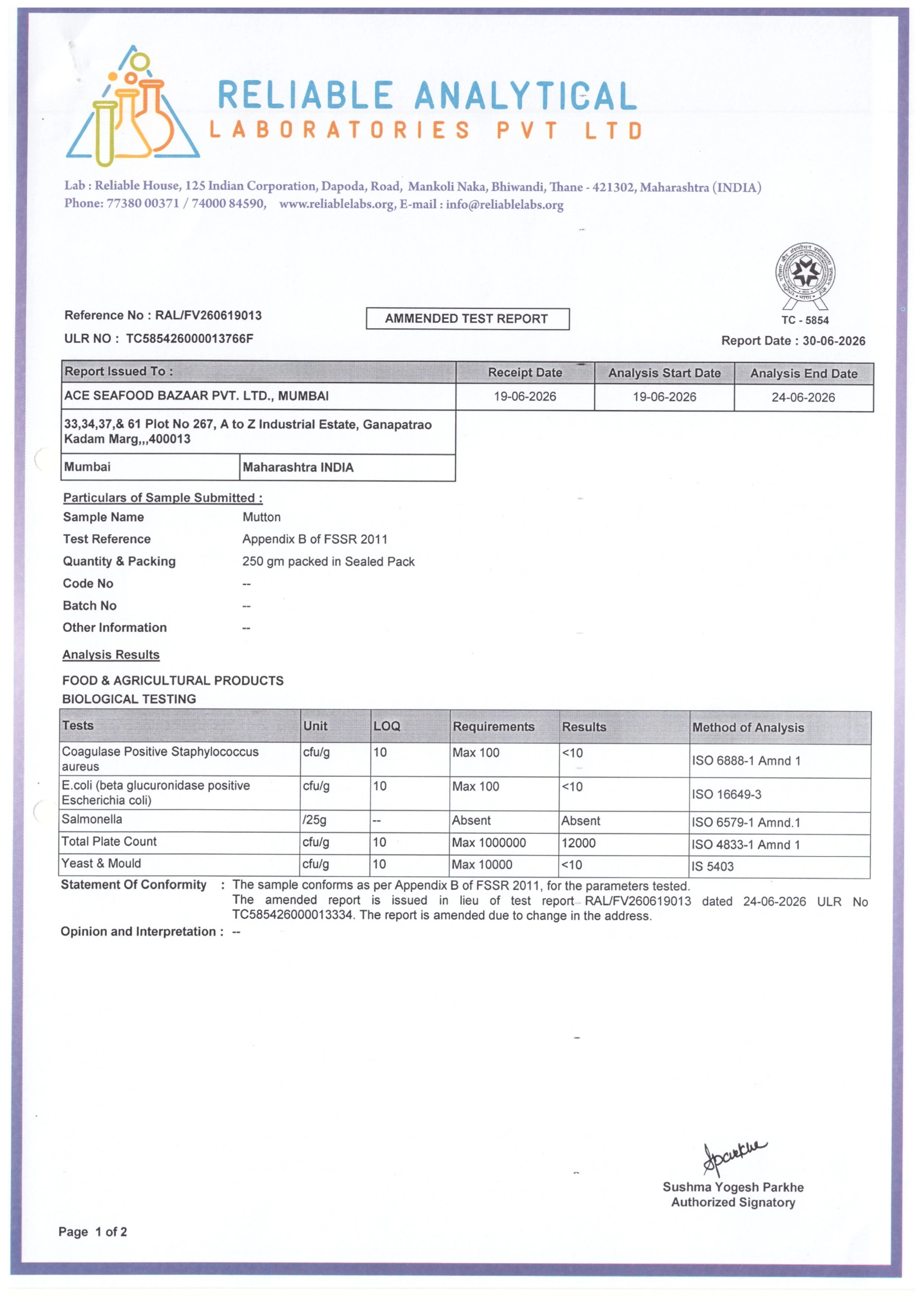 Mutton Lab Test Report page 1