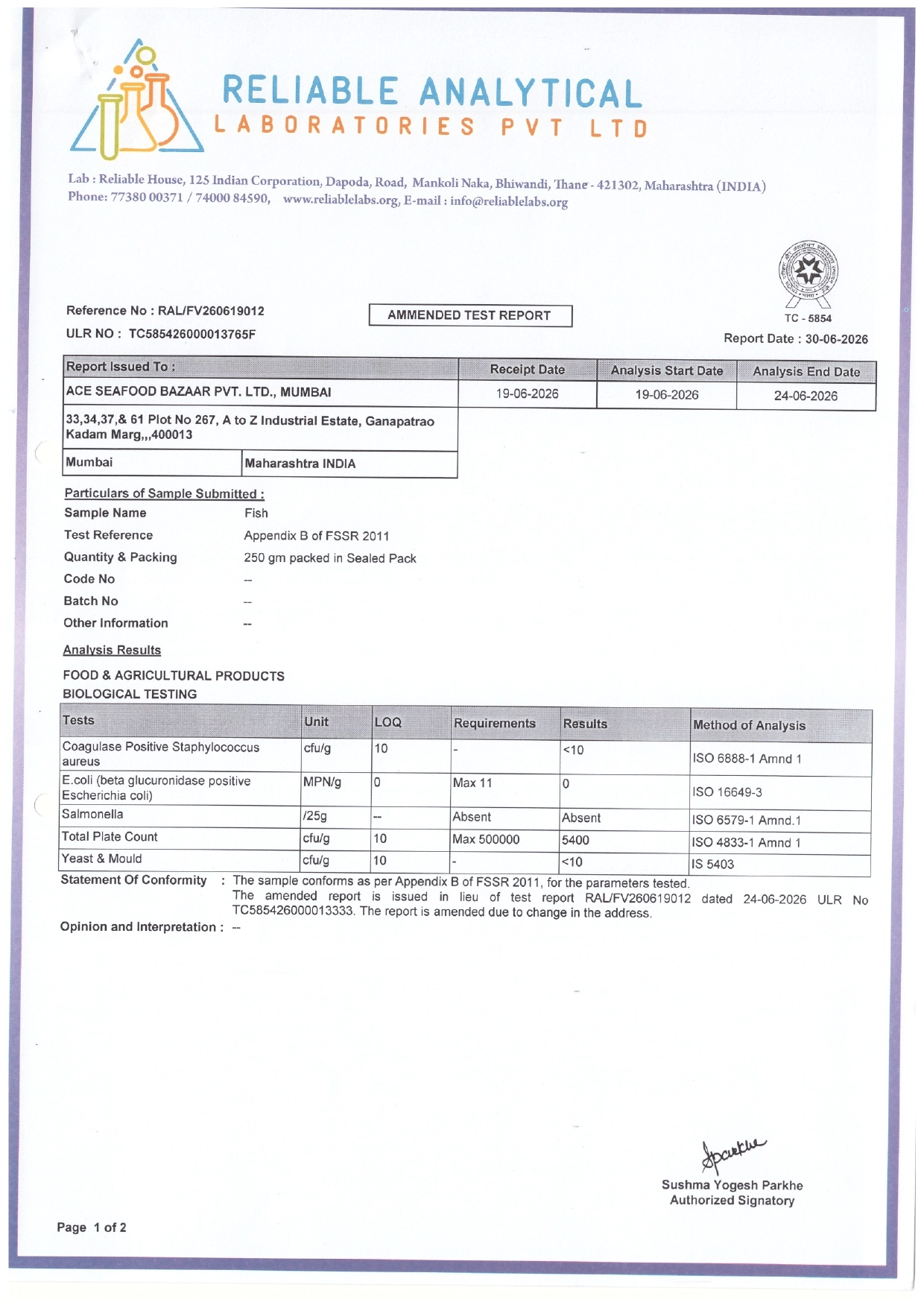 Fish Lab Test Report page 1