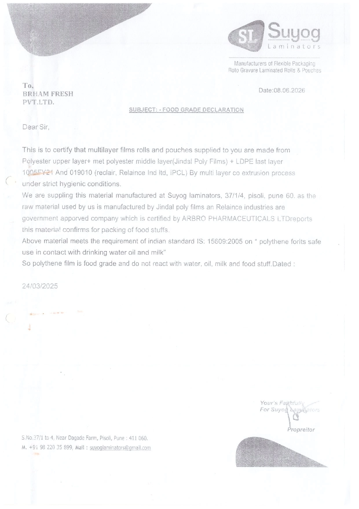 Food Grade Certificate page 1