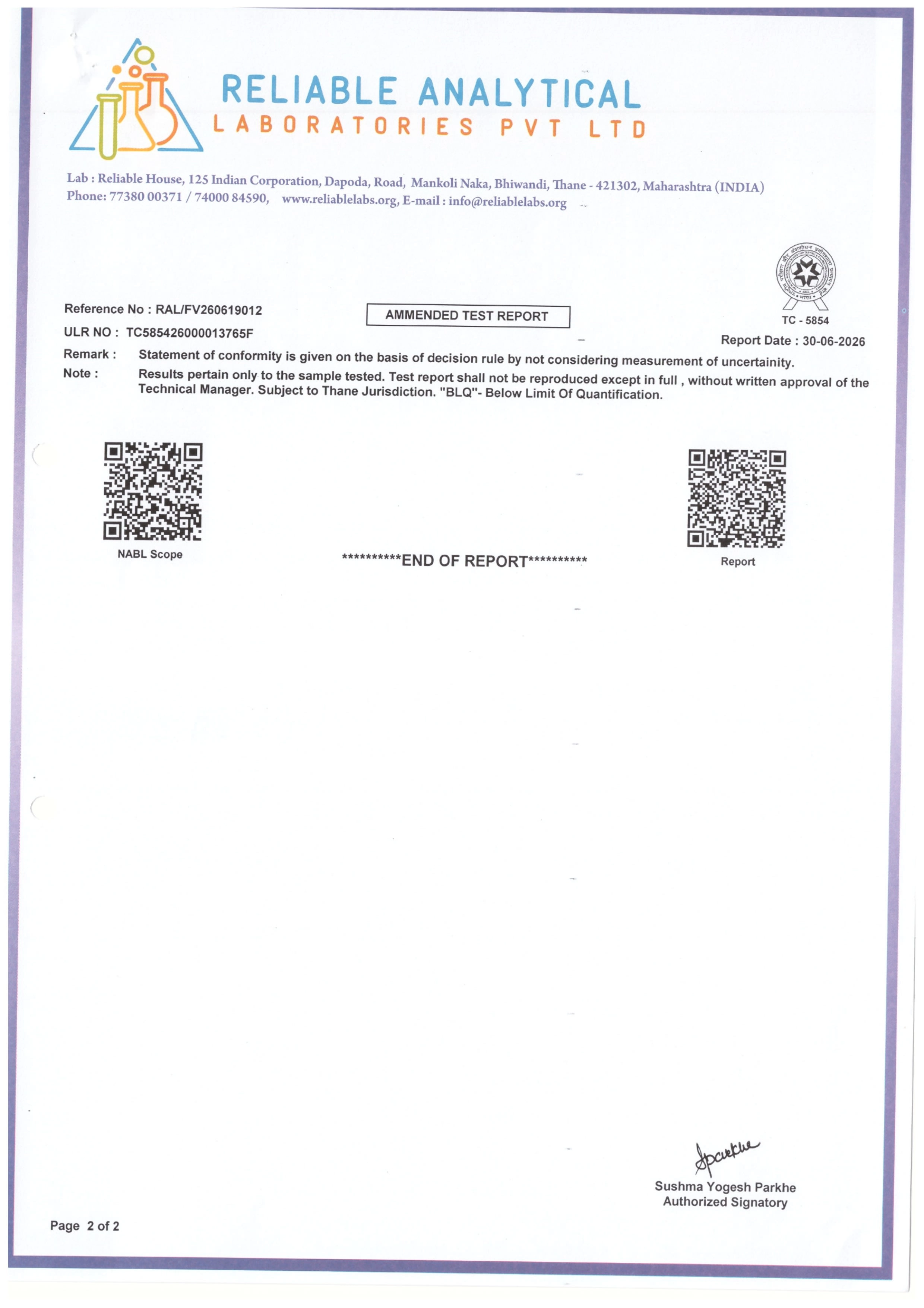 Fish Lab Test Report page 2