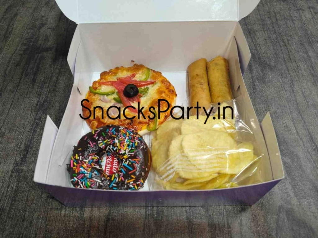 Mini pizza, Donut, Chips, Spring Roll