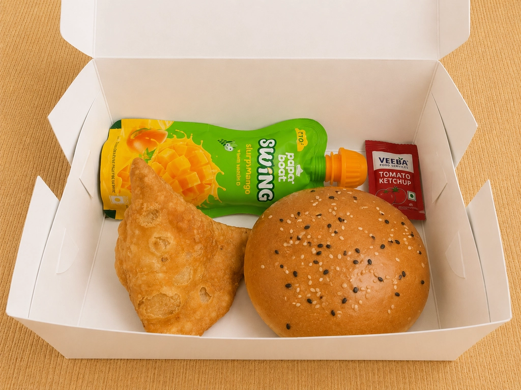 Burger, Masala Corn Samosa, Paperboat juice