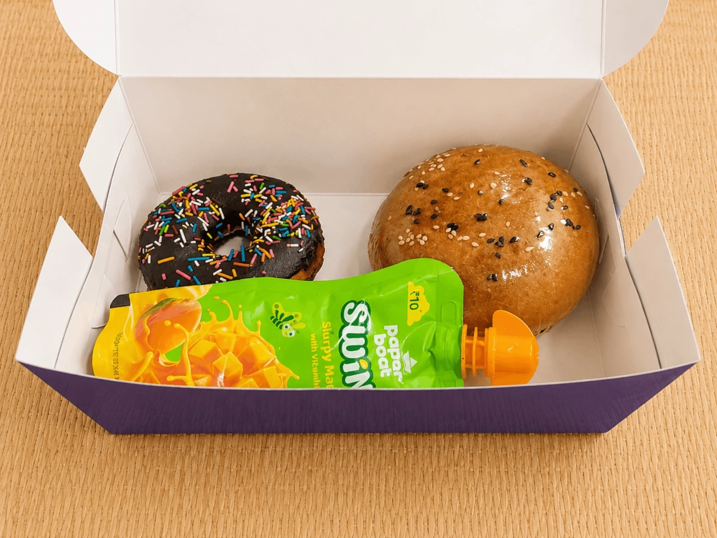 Burger, Chocolate Donut, Paperboat juice