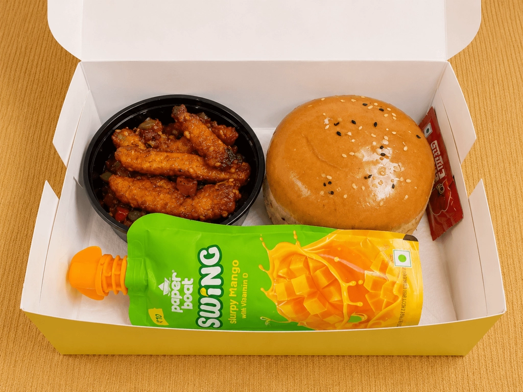 Burger,Honey Chilli Potato, Paperboat Mango Swing