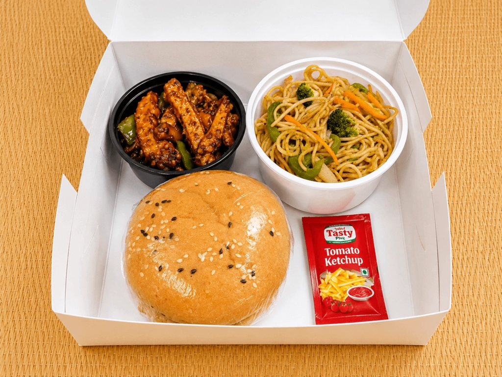Burger,Honey chilli Potato, Schezwan Noodles Combo