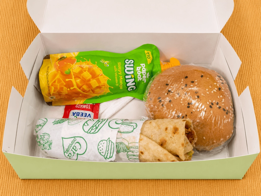 Burger,Veg Kathi Roll, Paperboat juice