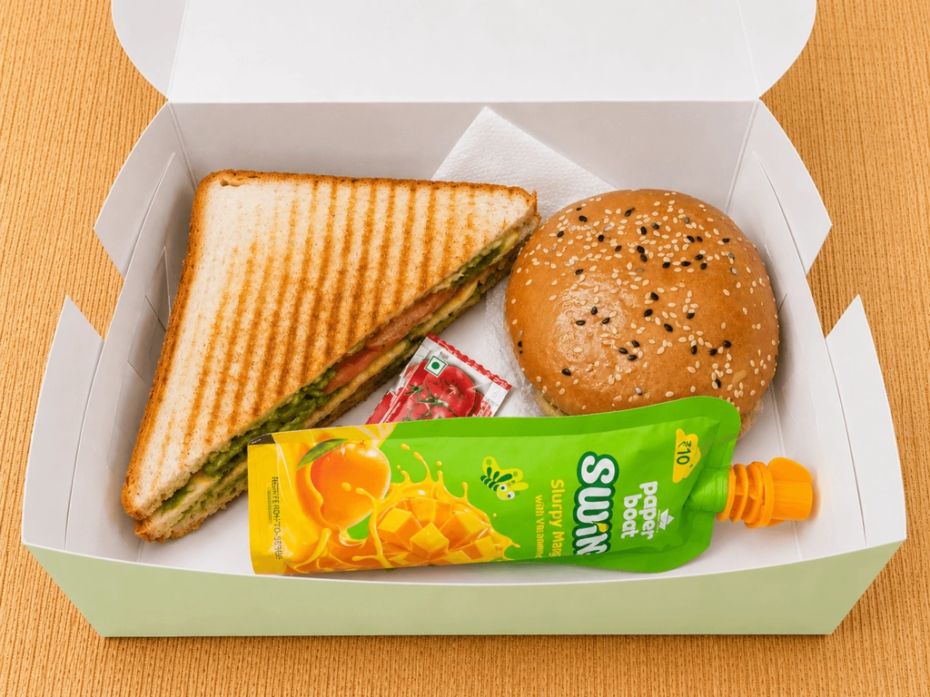 Burger,Veg Grilled Cheese Sandwich, Paperboat juice