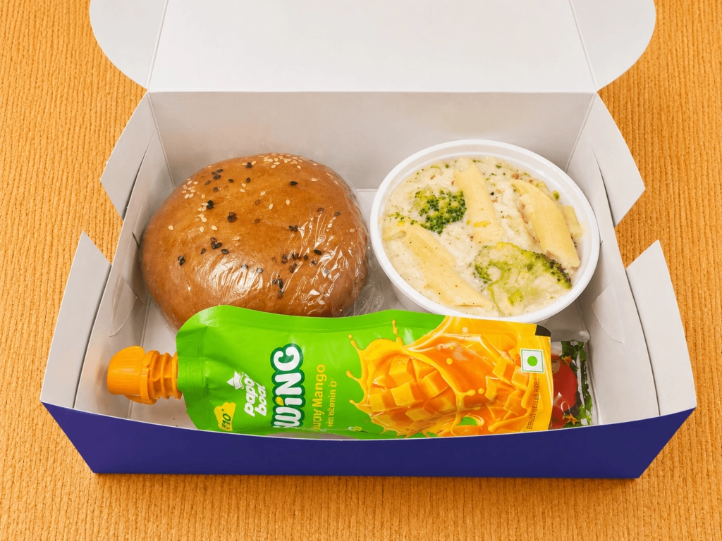 Burger,Pasta, Paperboat juice