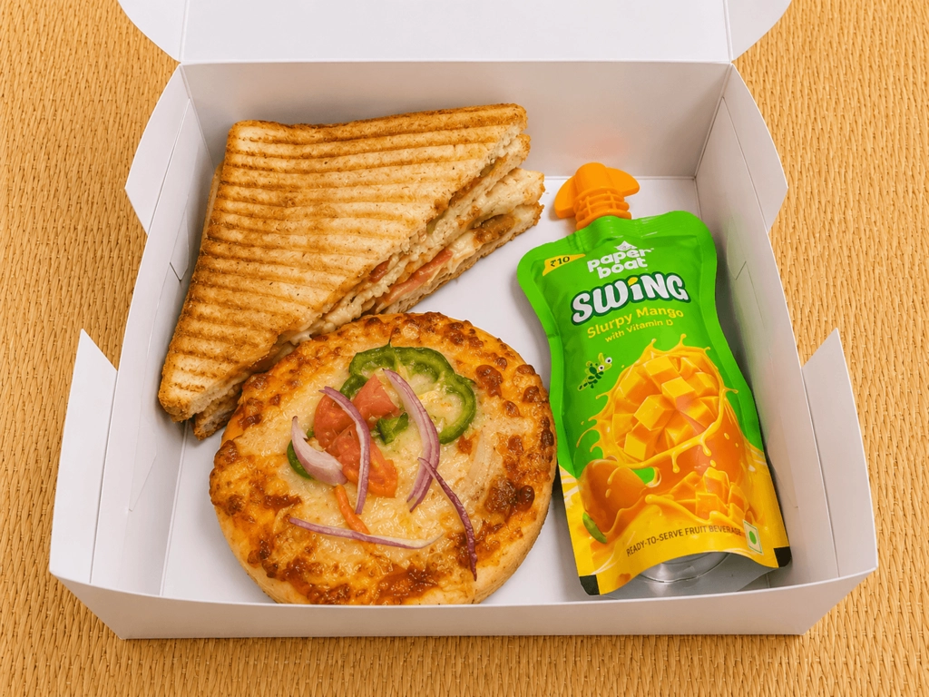 Mini pizza,Veg Grilled Cheese Sandwich, Paperboat juice