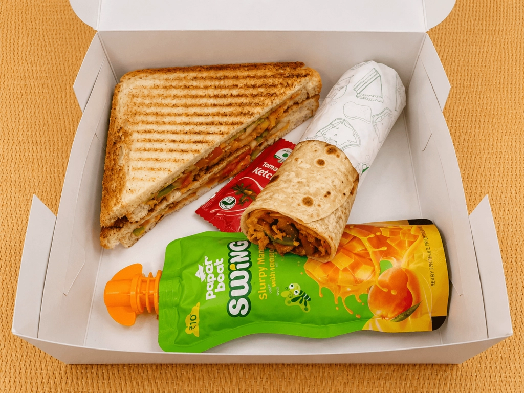 Veg Frankie,Veg Grilled Cheese Sandwich, Paperboat juice