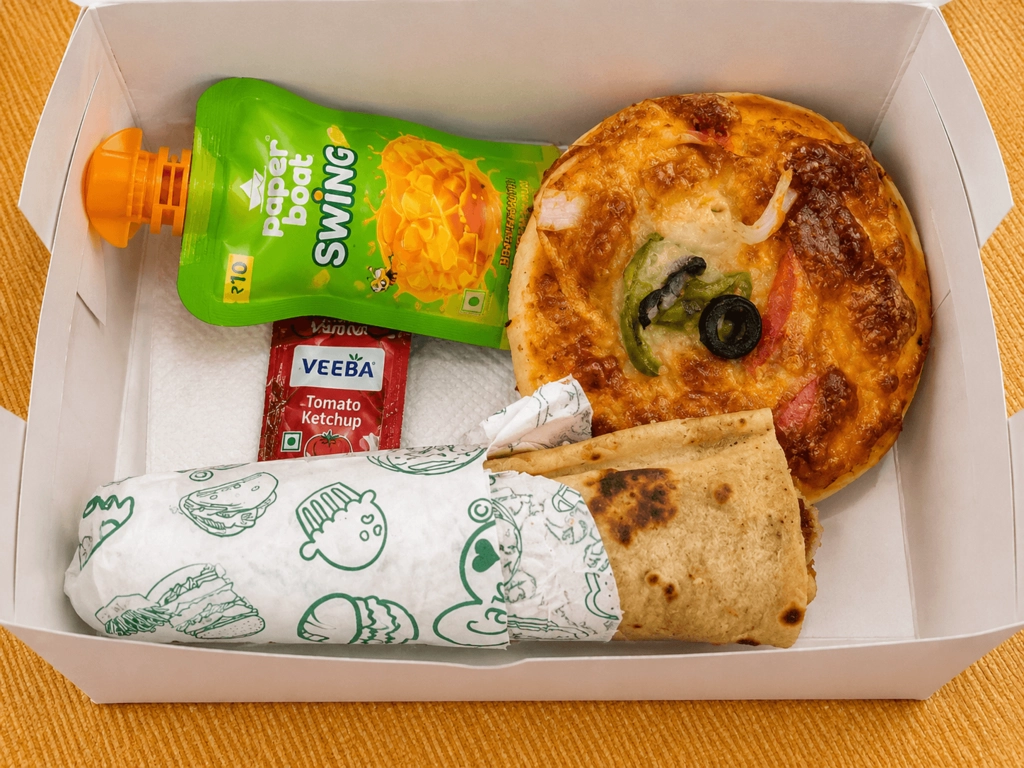 Veg Frankie,Mini Pizza, Paperboat juice