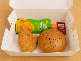Burger, Masala Corn Samosa, Paperboat juice