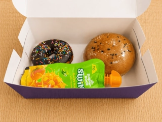 Burger, Chocolate Donut, Paperboat juice