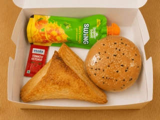 Burger,Veg Puff, Paperboat juice
