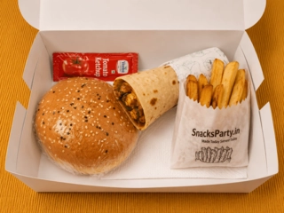 Burger, Veg Kathi Roll, Fries Combo